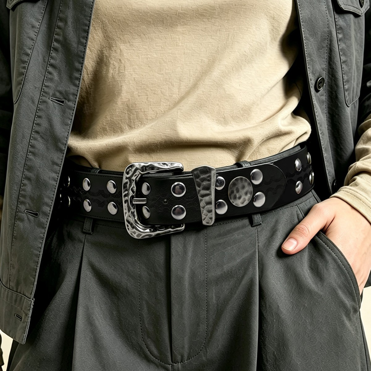 Leather Needle Heavy - ヘビーインダストリーハンマーパターン使用のニードルバックルリベットベルト、扇形ダークパターン、ブラックストリートトレンドウェア、ワイドウエスト