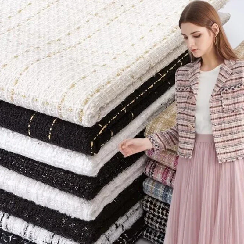Sewing Tweed Fabric - 女性用ゴールドシルクの小さなフレグランス生地,市松模様のツイード生地,女性用ドレス,コート,靴,帽子,バッグ,日曜大工の服,手作りの縫製,50cm