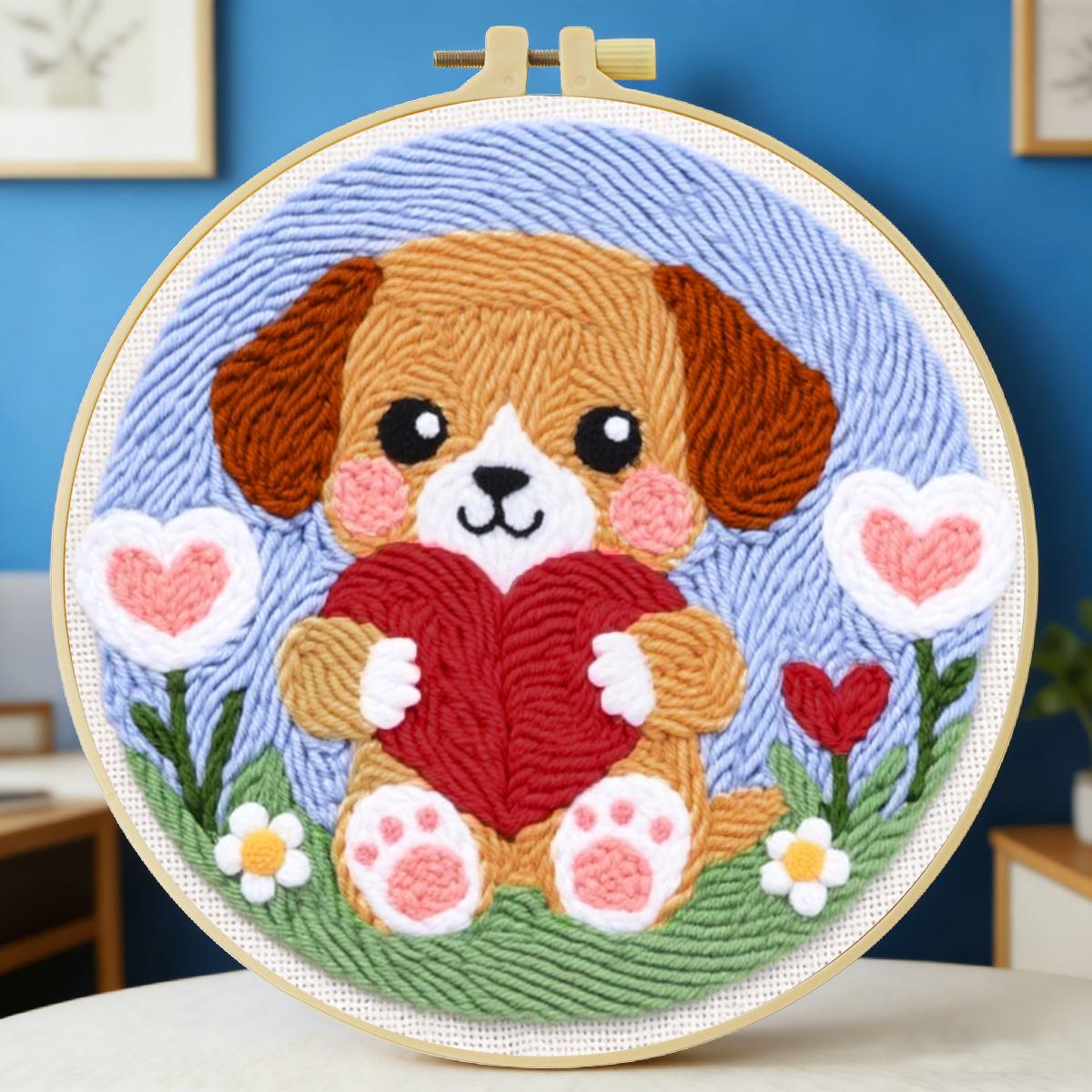 Is Sewing Textile Art - 20X20CM/7.87インチ犬柄パンチニードル刺繍セットキット、ステッチ刺繍、ニット刺繍、DIY手作りギフト、縫製アート