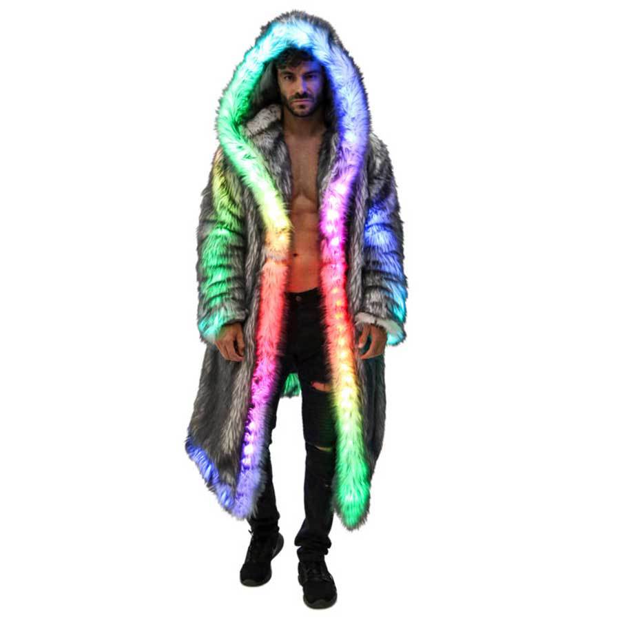 Sewing V - フェイクファーコート男性フード付きアウター快適な厚い冬暖かいロングジャケット LED ステージダンスパーティーコスプレ衣装オーバーコート