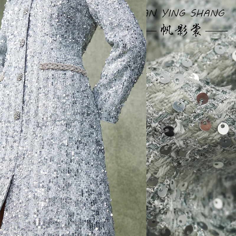 Sewing Tweed Fabric - シルバーグレーのグリッタースパンコール付きツイード生地、コート用織物、女性用縫製生地（ヤード単位販売）ツイード生地、ティシュ、ストッフ、デザイナーDIY用