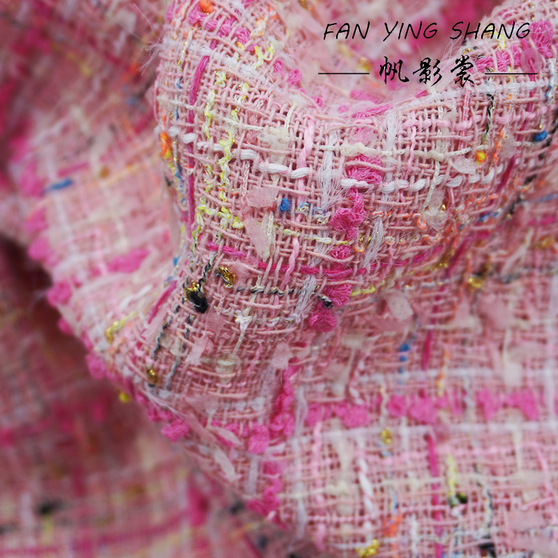 Sewing Tweed Fabric - ピンクの格子縞タッセル付きコットンツイード生地（コート用）、光沢のある生地、アフリカの縫製用生地