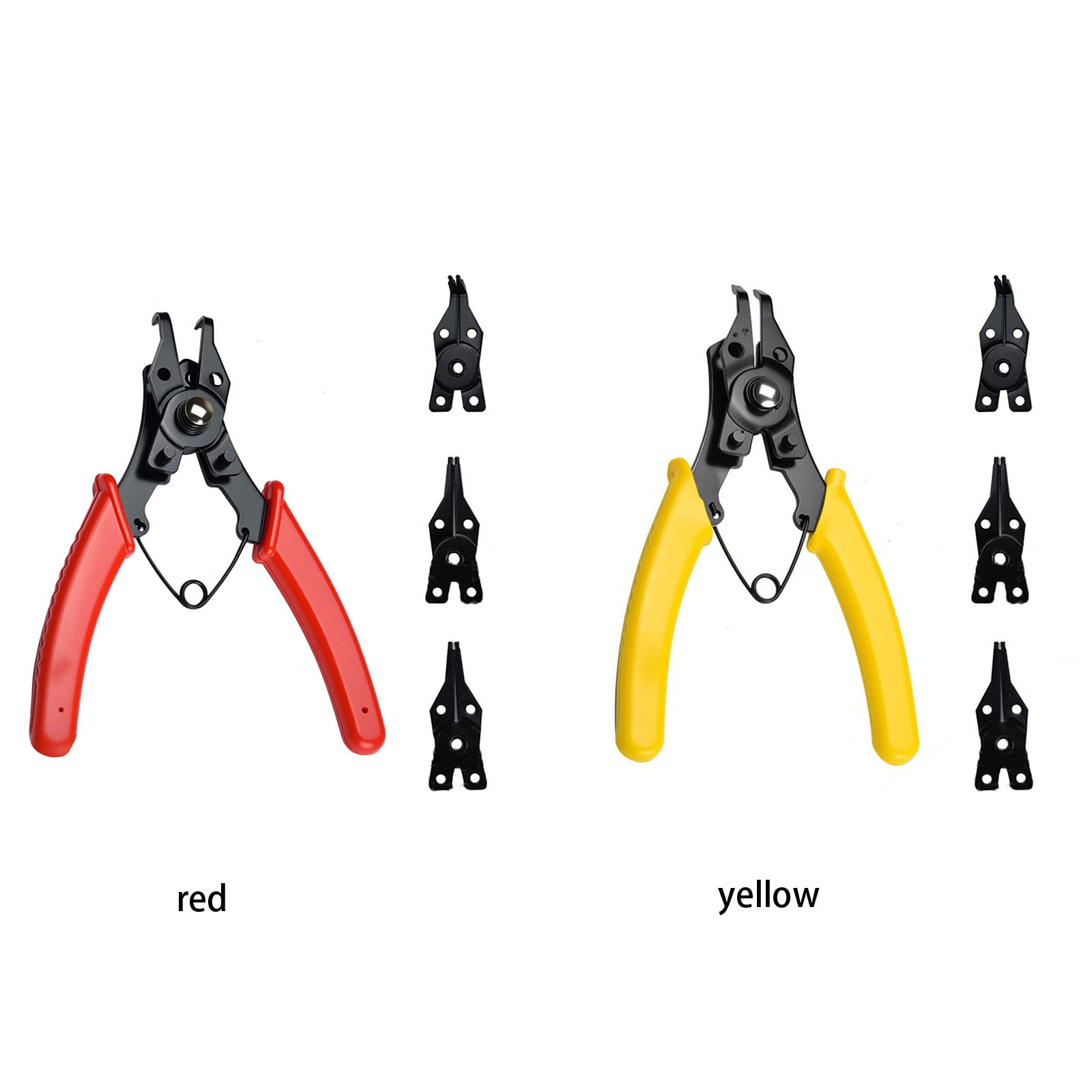 Snap Button Plier - 4 in 1ヘビーデューティースナップリングプライヤー、45/90度ジョー付きCクリップ、サークリップ、ロックリング取り外しツール、交換可能なプライヤーセット