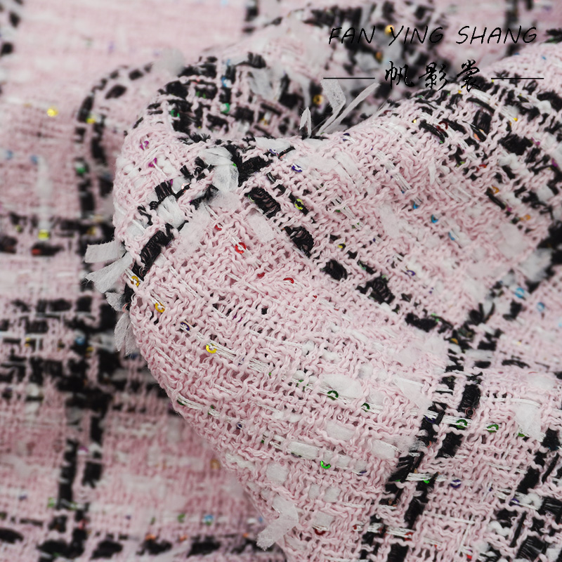 ピンクのクラシックな大きな格子柄のカラーシークインツイード生 - Sewing Tweed Fabric のレビューと価格