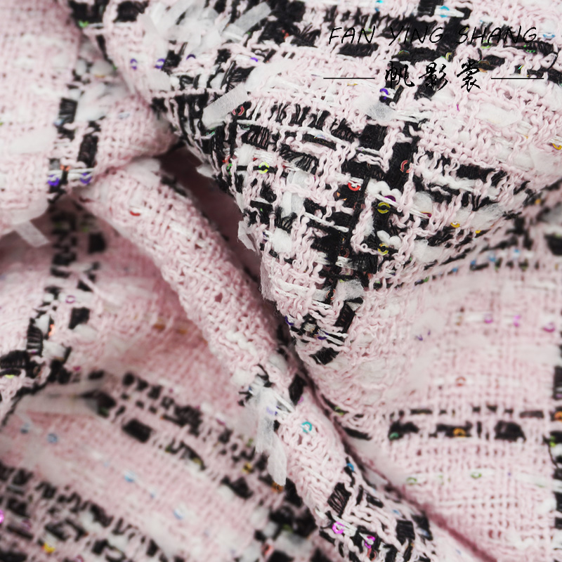 ピンクのクラシックな大きな格子柄のカラーシークインツイード生 - Sewing Tweed Fabric のレビューと価格