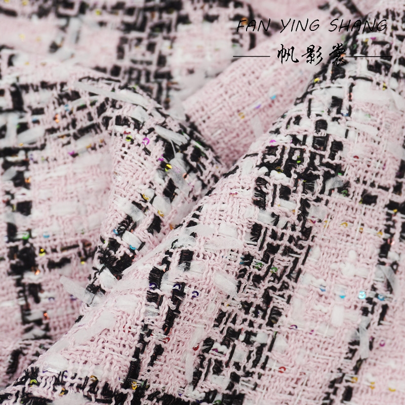 ピンクのクラシックな大きな格子柄のカラーシークインツイード生 - Sewing Tweed Fabric のレビューと価格