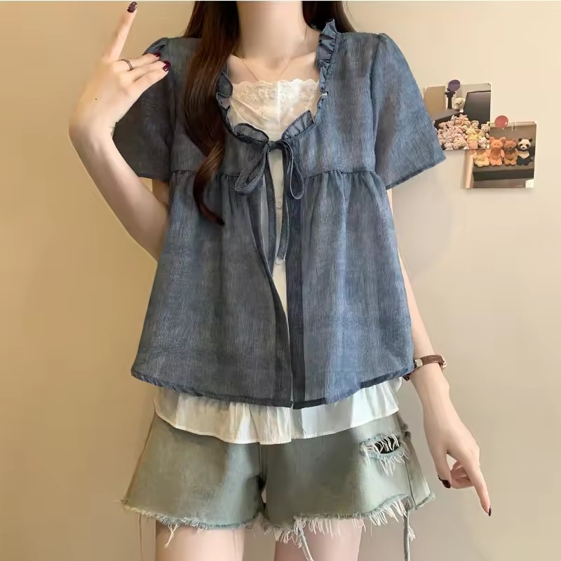 女性のスプライス偽ツーピースレースシャツ 2025 新しい夏 - Sewing V のレビューと価格