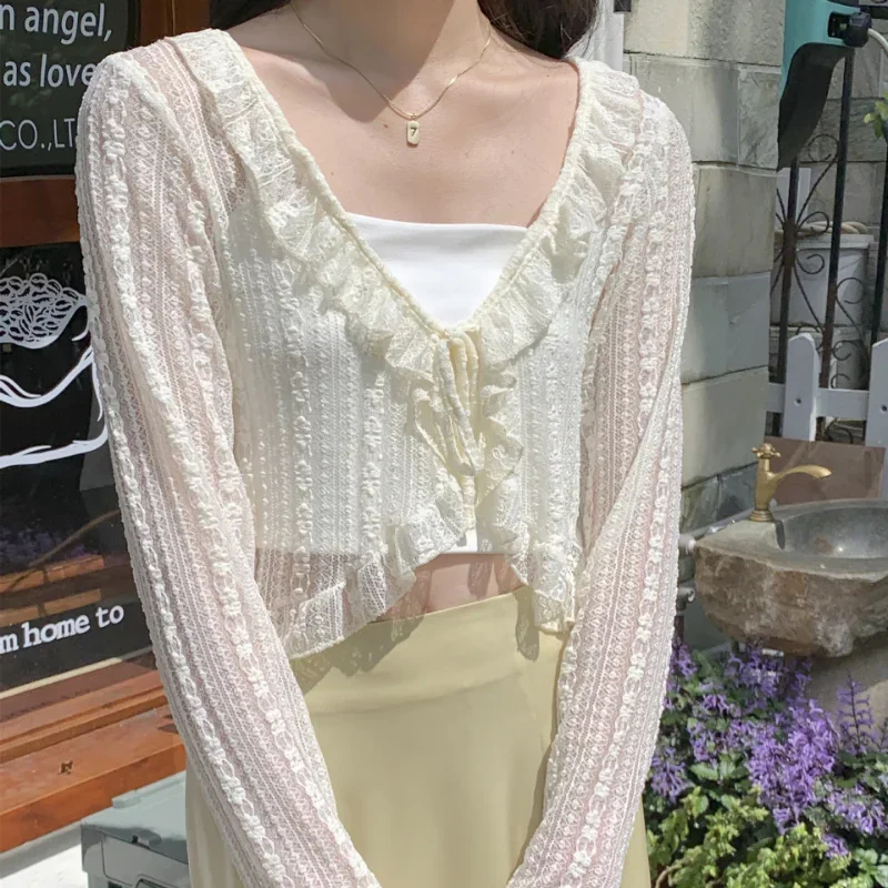 女性用サマーサンプロテクションコート、レースボウフリルカーデ - Sewing V のレビューと価格