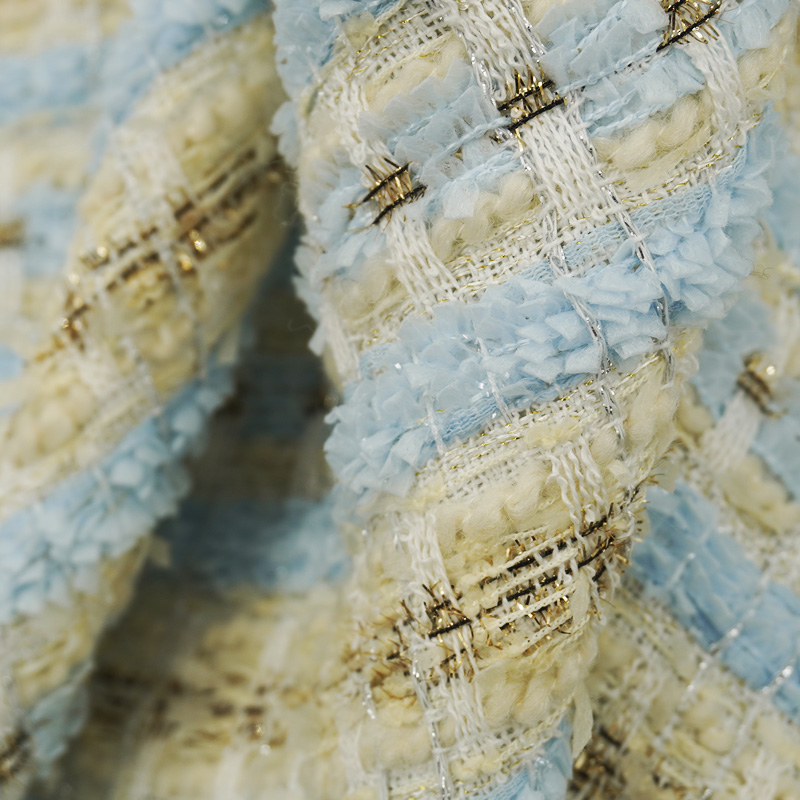 ライトブルーベージュの格子柄ブークレツイード生地、メタリック - Sewing Tweed Fabric のレビューと価格
