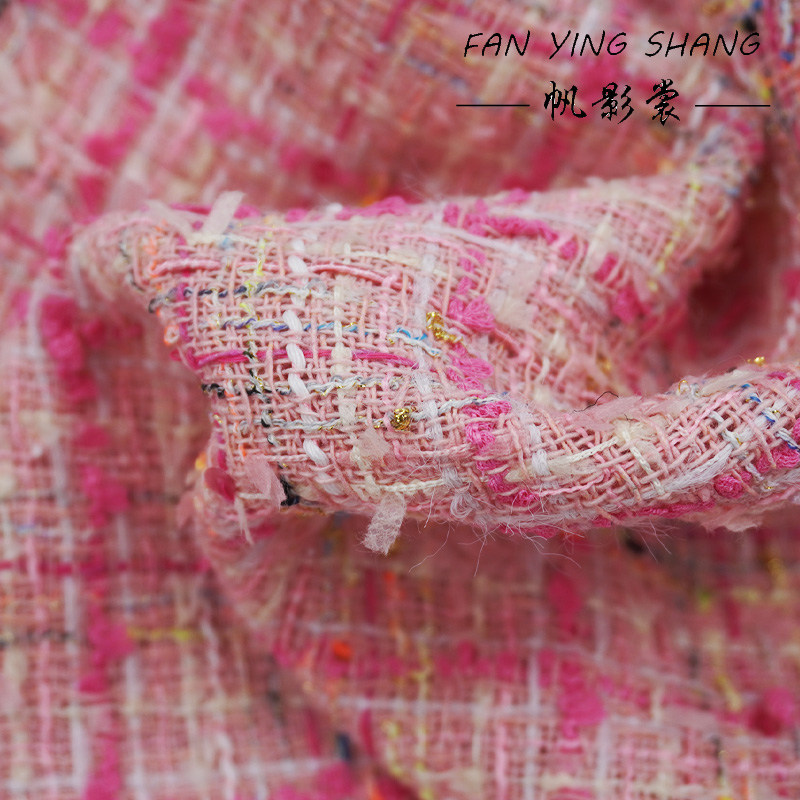 ピンクの格子縞タッセル付きコットンツイード生地（コート用）、 - Sewing Tweed Fabric のレビューと価格