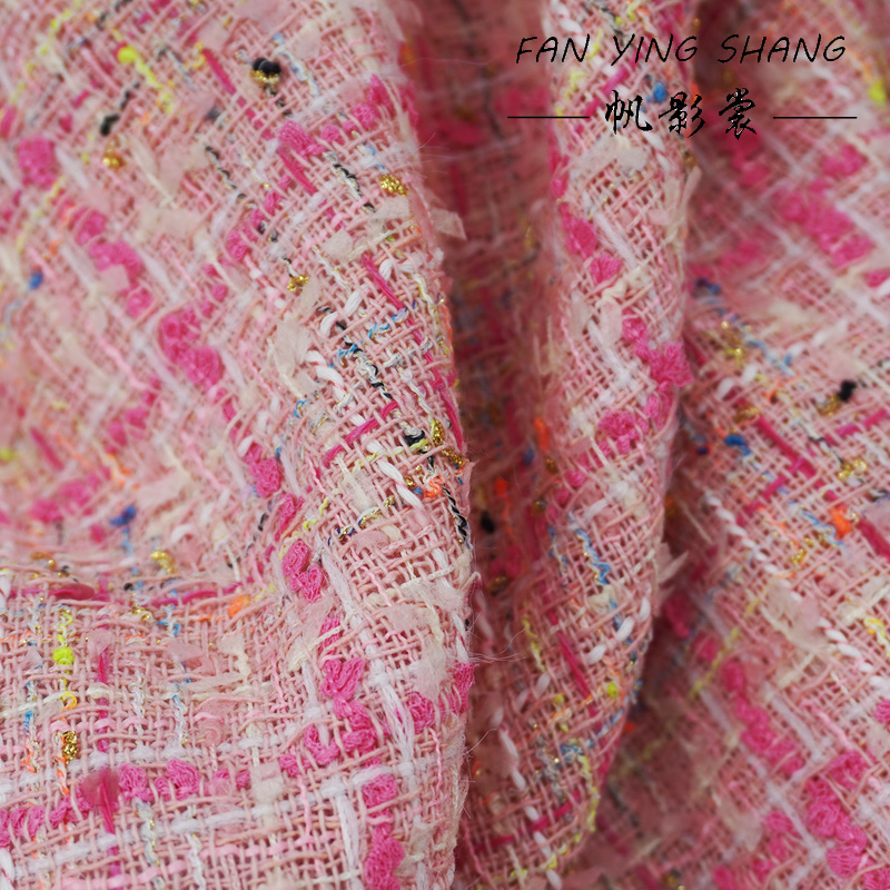 ピンクの格子縞タッセル付きコットンツイード生地（コート用）、 - Sewing Tweed Fabric のレビューと価格