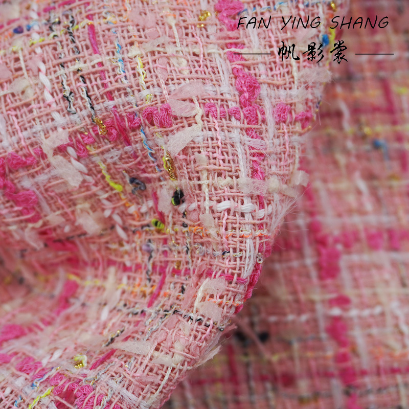 ピンクの格子縞タッセル付きコットンツイード生地（コート用）、 - Sewing Tweed Fabric のレビューと価格